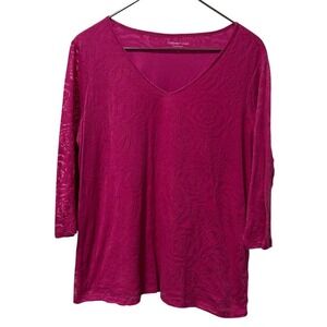 Coldwater Creek XL16 Pink Rose Embossed 3/4 Sleeve V Neck Top Plus